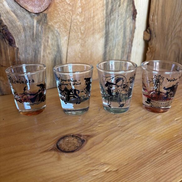 1950s Western Themed Novelty Shot Glass Set Of 4 Vintage - Picture 1 of 11